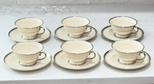 Vintage 50's Franciscan Huntington Coffee Cups and Saucers Set of 6 Platinum MCM
